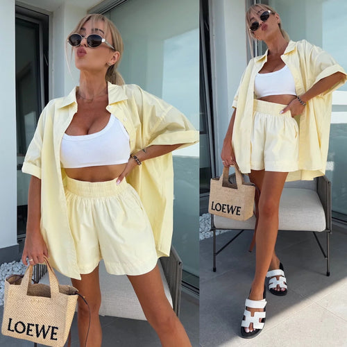 Damen Tragekomfortable Kurzarm-Bluse und Shorts Set Drune
