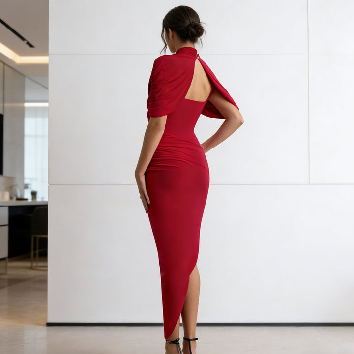 Damen Elegantes Drapiertes Maxikleid mit hohem Kragen und seitlichem Schlitz Drune