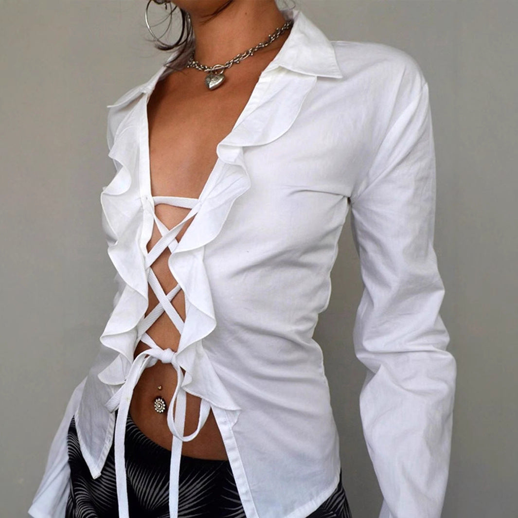Damen Bluse mit voluminösem Rüschendesign und taillierbarem Schnitt Drune