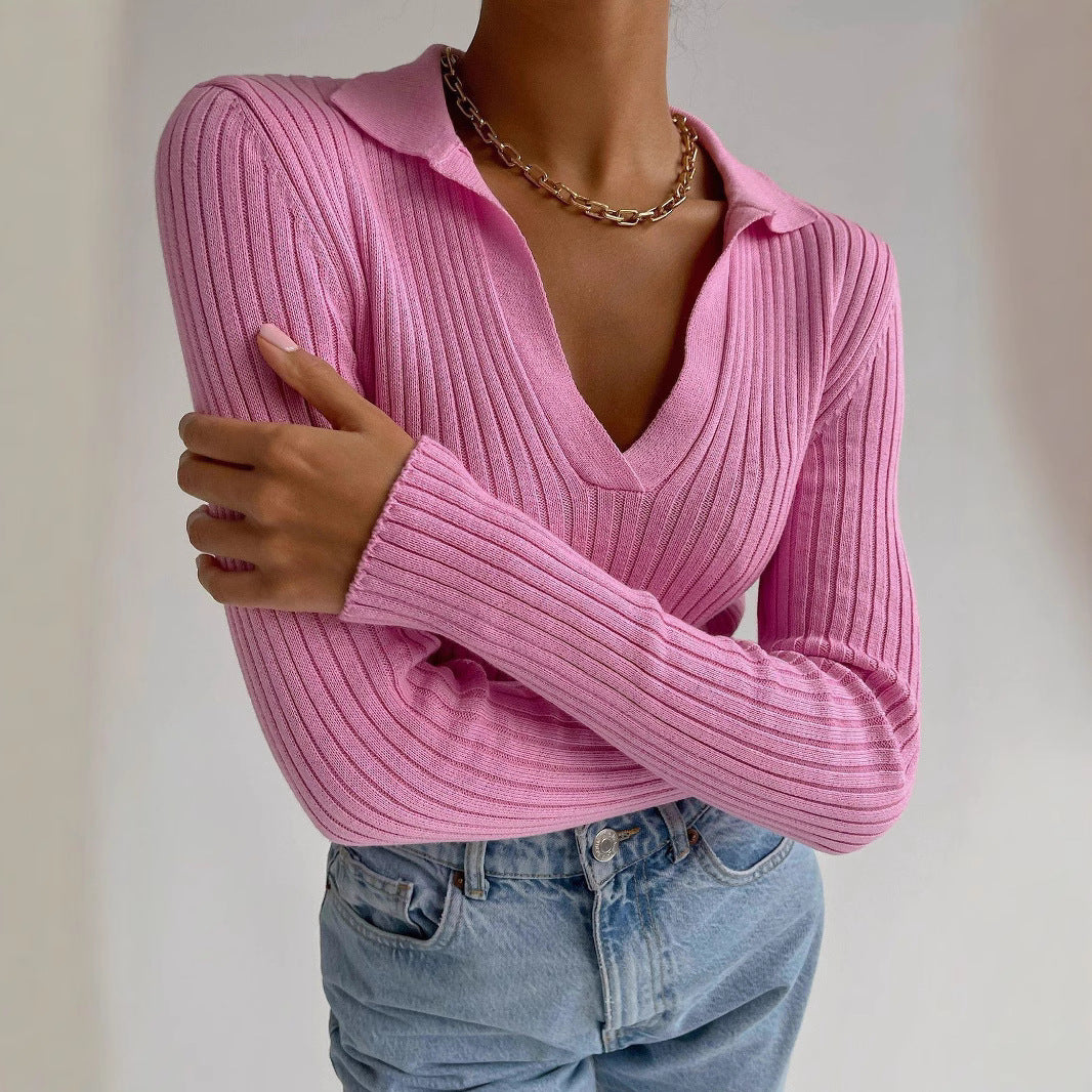 Damen Eleganter, gerippter Pullover mit tiefem V-Ausschnitt Drune