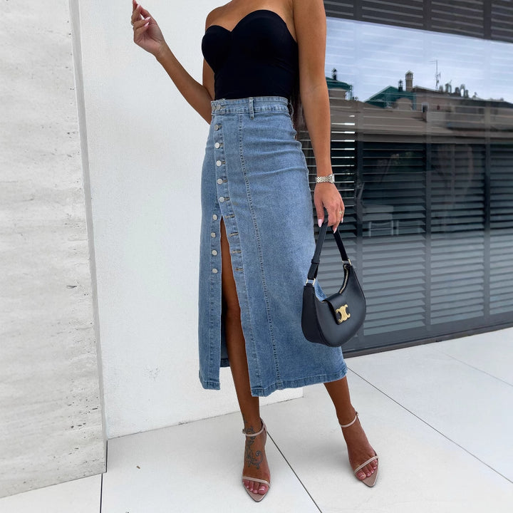 Damen Langer Jeansrock mit seitlichem Schlitz und Knopfdetails Drune
