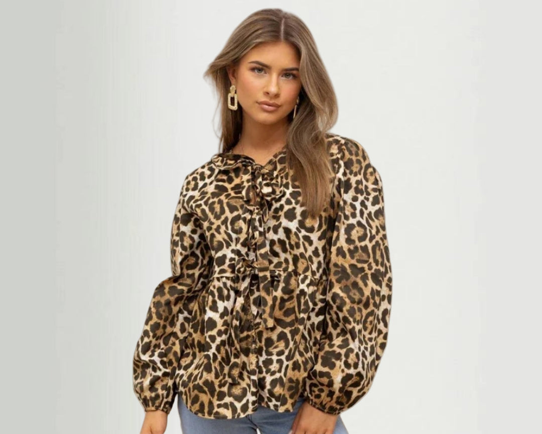 Damen Bluse mit Volantärmeln und Schleifenband Drune