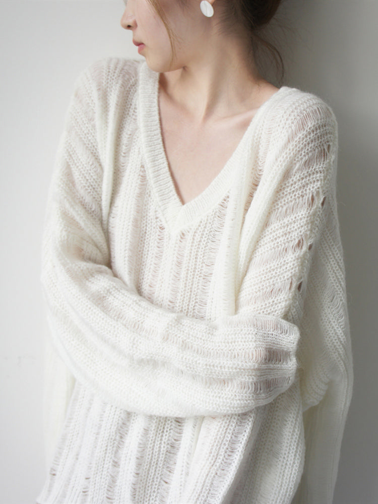 Damen Grobstrickpullover mit tiefem V-Ausschnitt und lässigem Schnitt Drune