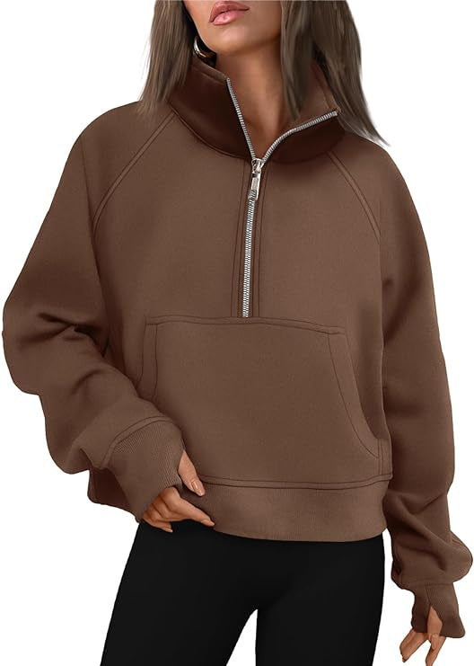 Damen nan verkürztes Oversize-Fleece-Sweat mit halbem Reißverschluss, Stehkragen, Kängurutasche und Daumenlochbündchen Drune