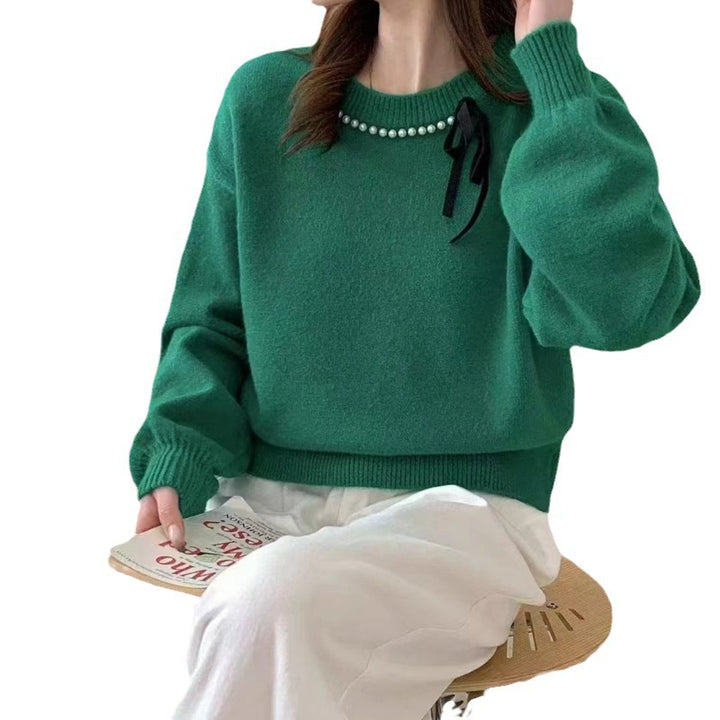 Damen modischer Pullover mit Zierband und Perlendetails Drune