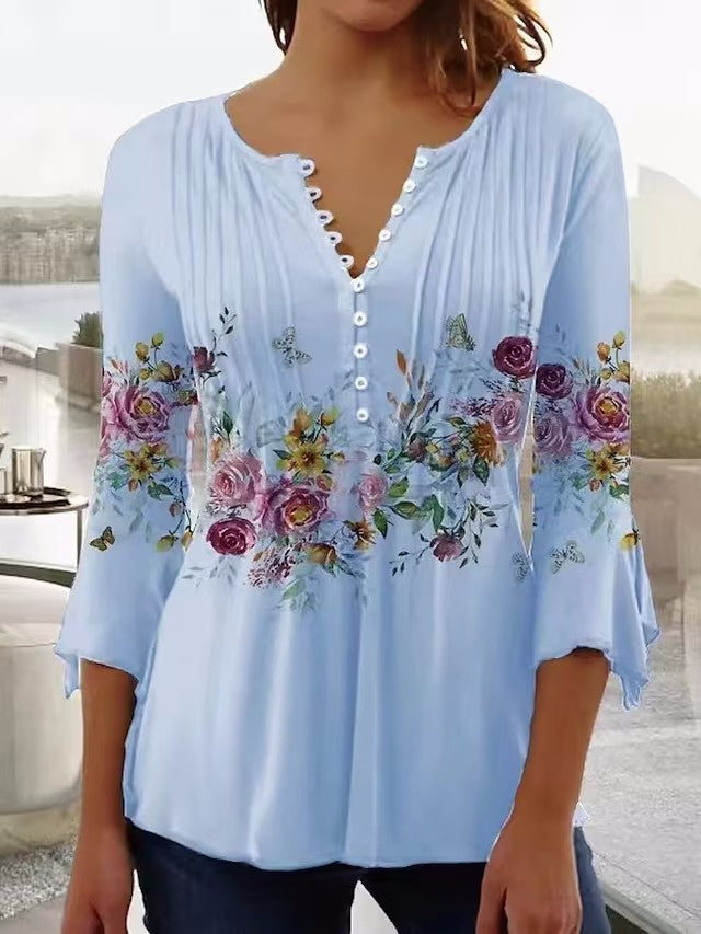 Damen Bluse mit floralem Print und Knopfdetail Drune