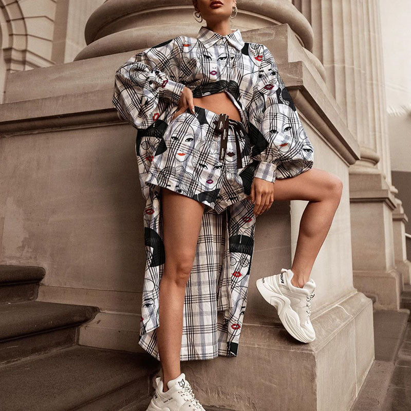Damen Oversized Hemd mit grafischem Print und kurzer Hosenkombination Drune