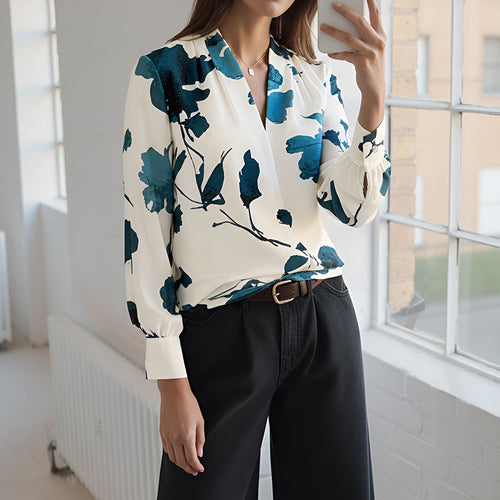 Damen Bluse mit floralem Muster und modernem Revers Drune