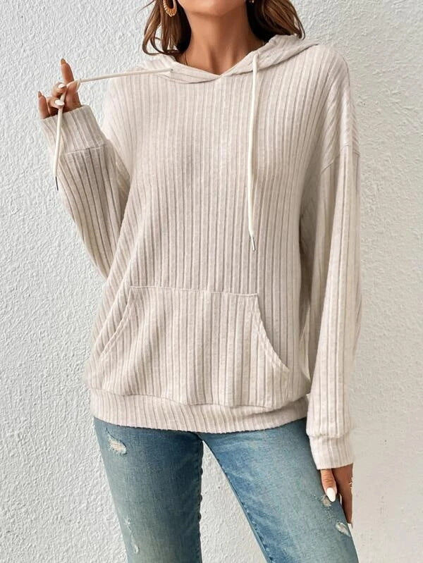 Damen lässiger Kapuzenpullover mit Rippenstruktur und Kängurutasche Drune