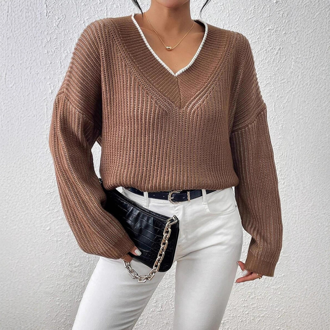 Damen Grobstrickpullover mit modernem V-Ausschnitt und trendigen Farbakzenten Drune