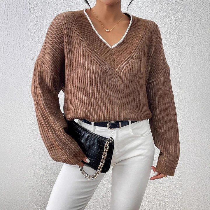 Damen Grobstrickpullover mit modernem V-Ausschnitt und trendigen Farbakzenten Drune
