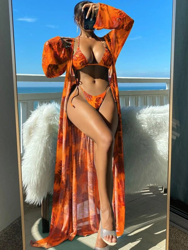 Damen Bikini-Set mit transparentem Kaftan und floralem Design Drune