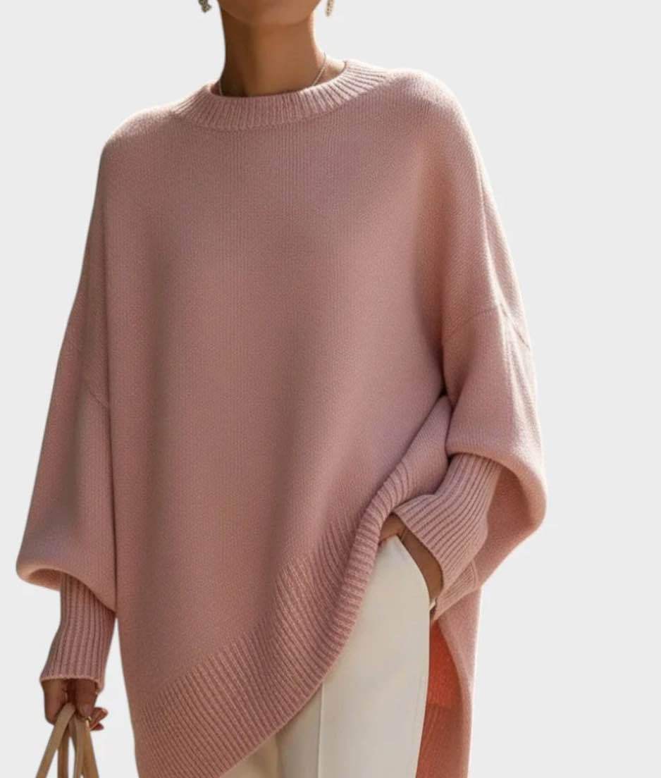 Damen nan Oversize Strickponcho mit asymmetrischem Saum und gerippten Ärmeln Drune