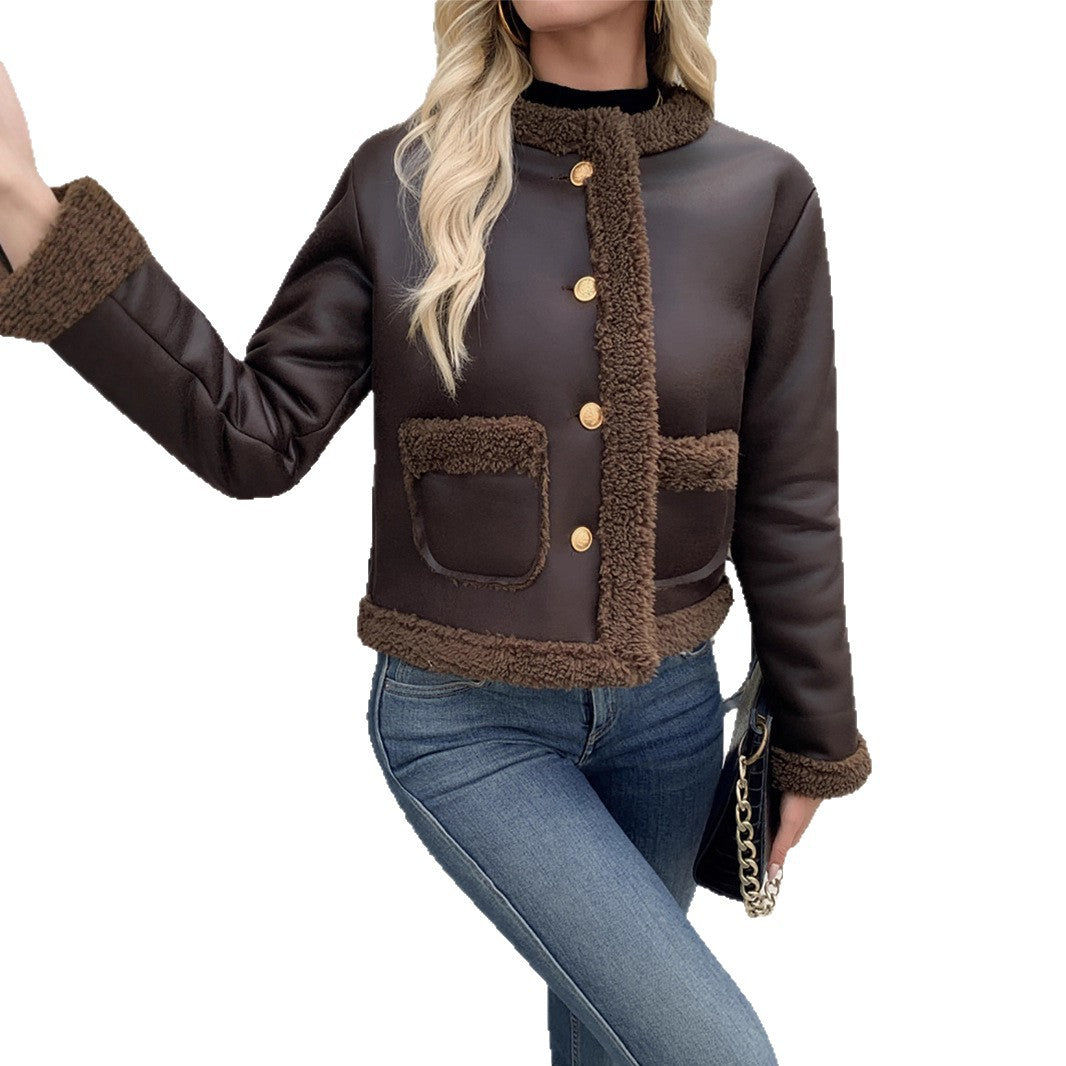 Damen Kurz geschnittene Texturjacke mit verdeckten Knöpfen und Taschen Drune