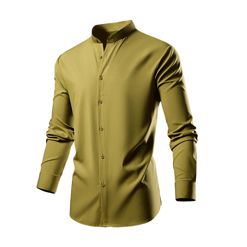 Herren elegantes Langarmhemd mit stehendem Kragen und modernen Knopfdetails Drune