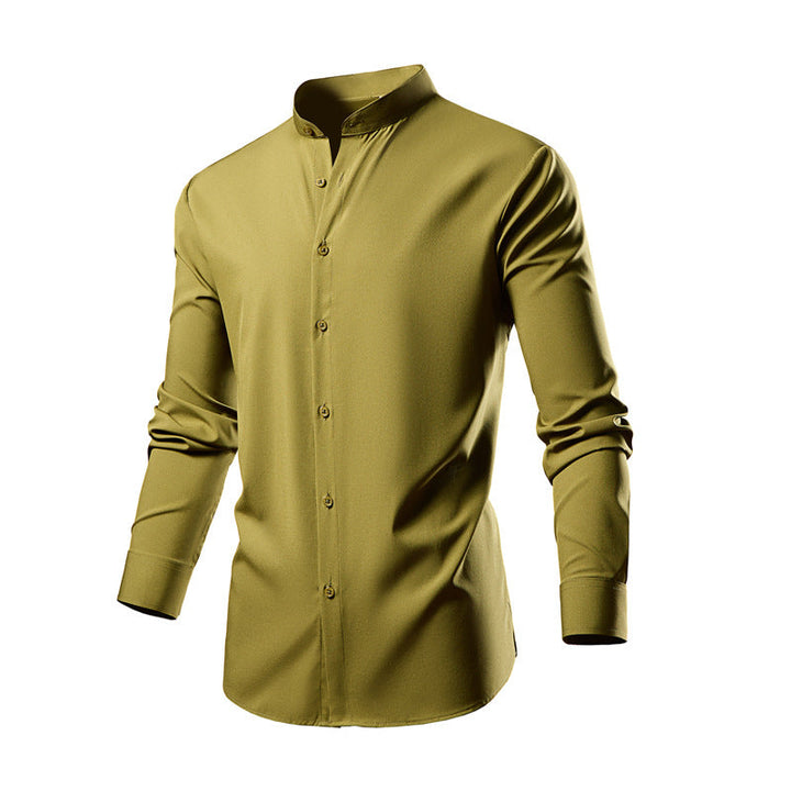 Herren elegantes Langarmhemd mit stehendem Kragen und modernen Knopfdetails Drune