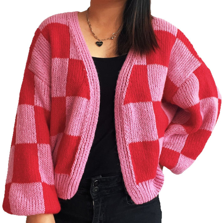 Damen lässige Strickjacke mit Karomuster und voluminösen Ärmeln Drune