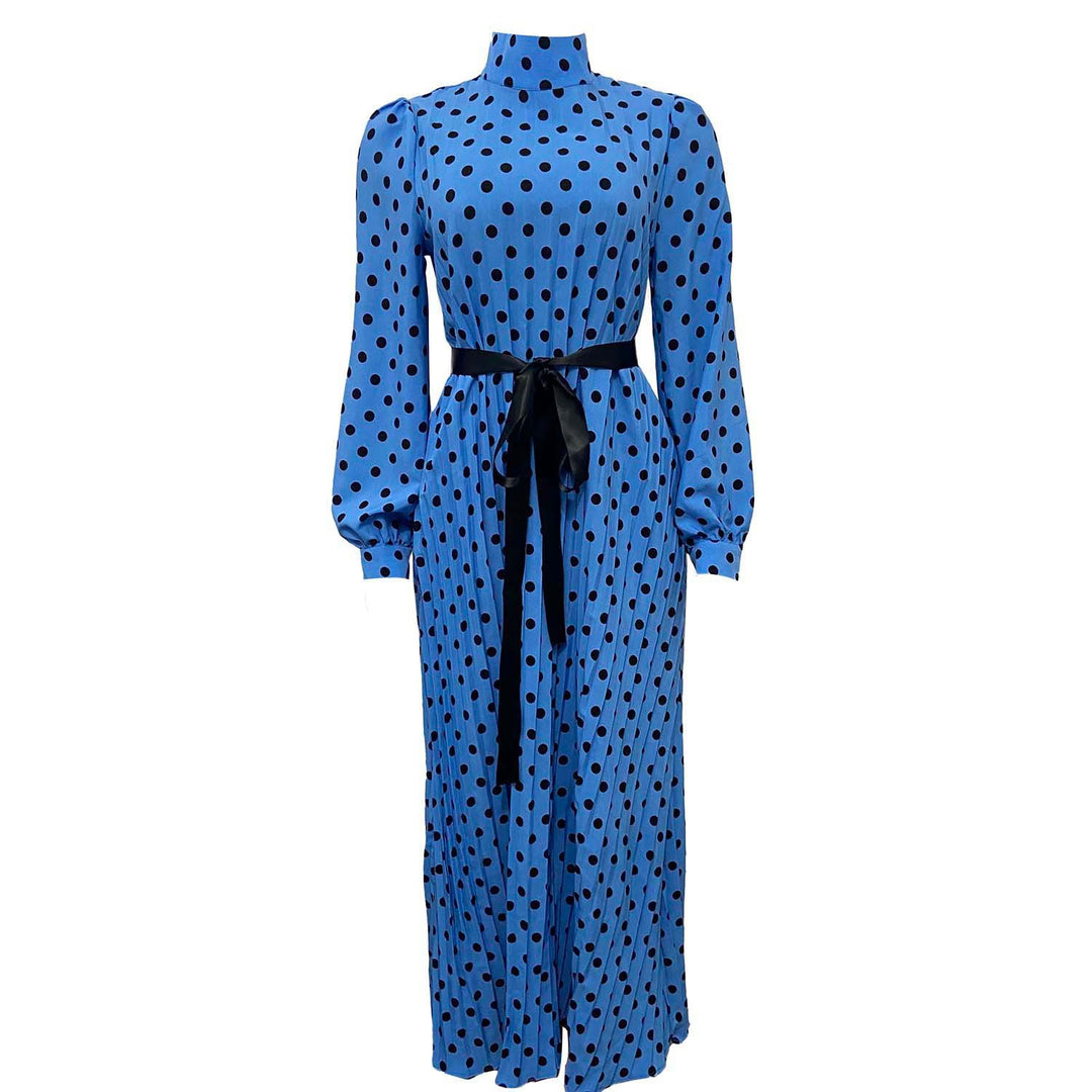 Damen Maxikleid mit elegantem Stehkragen und Taillengürtel Drune
