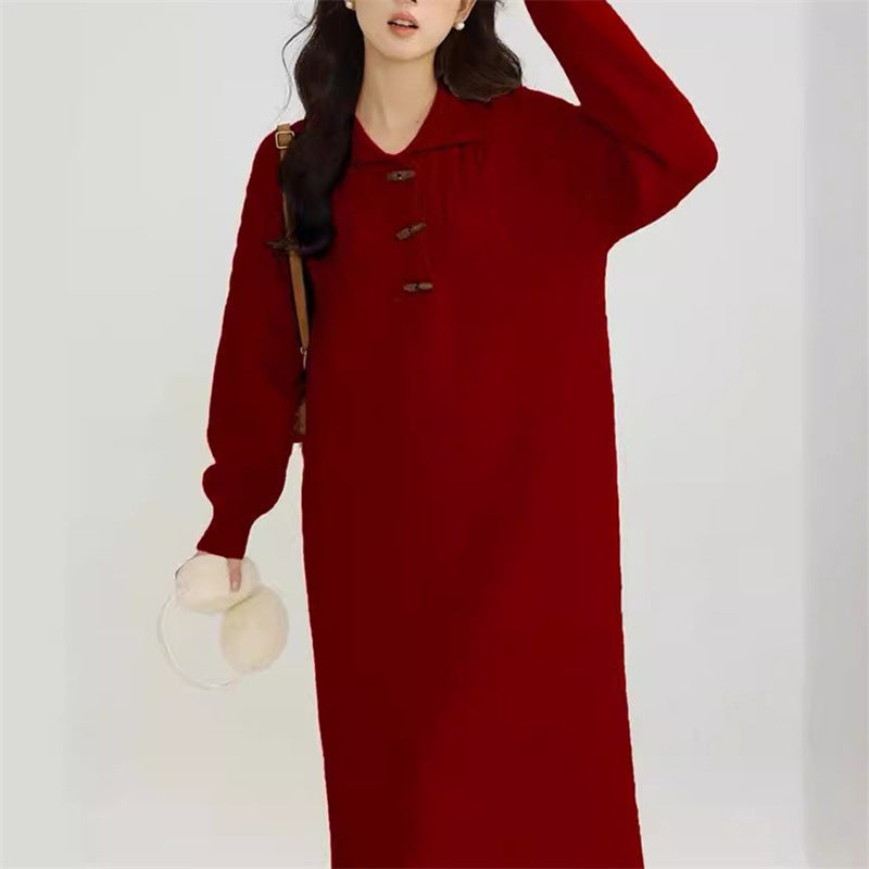 Damen Strickkleid mit Kragen und Knopfdetails Drune