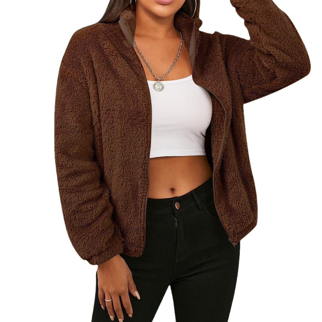 Damen Kuschelige Kurzjacke aus Plüsch mit hohem Kragen und seitlichen Taschen Drune