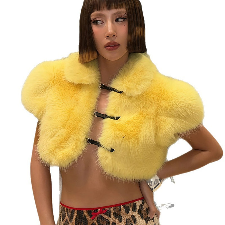 Damen Kunstpelz Jacke mit kurzem Schnitt und dekorativen Verschlüssen Drune