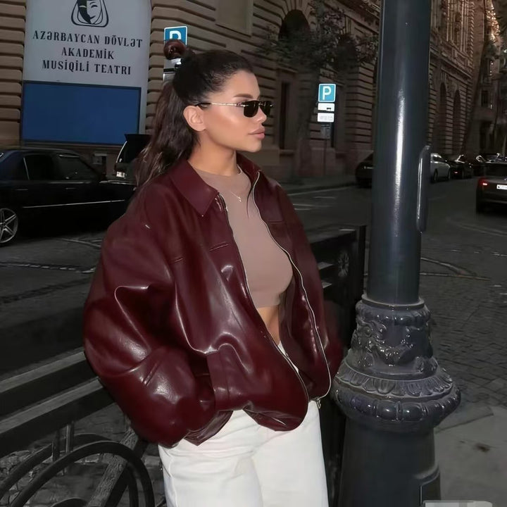 Damen nan oversized Lederjacke im Bomberstil mit Hemdkragen, durchgehendem Reißverschluss und lässiger Silhouette Drune