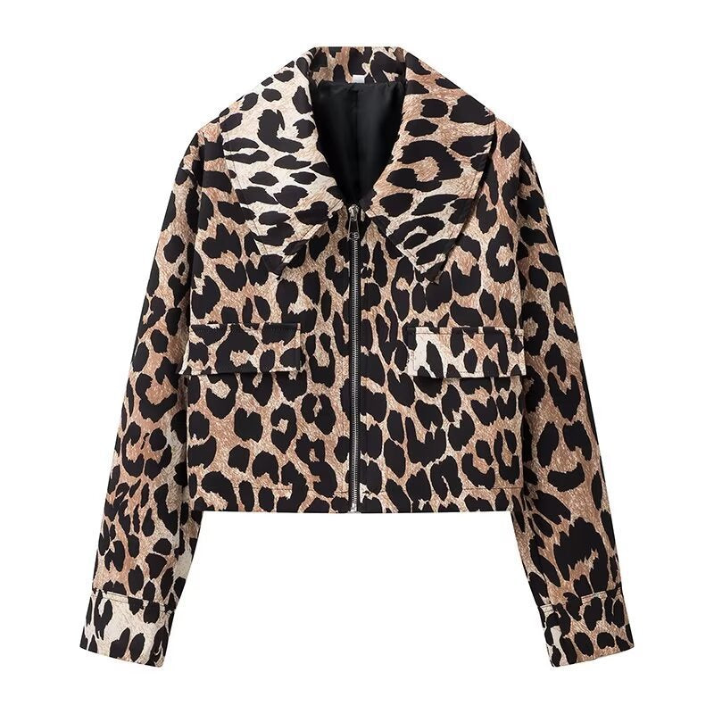 Damen Kurze Leopardenjacke im urbanen Stil mit praktischen Taschen Drune