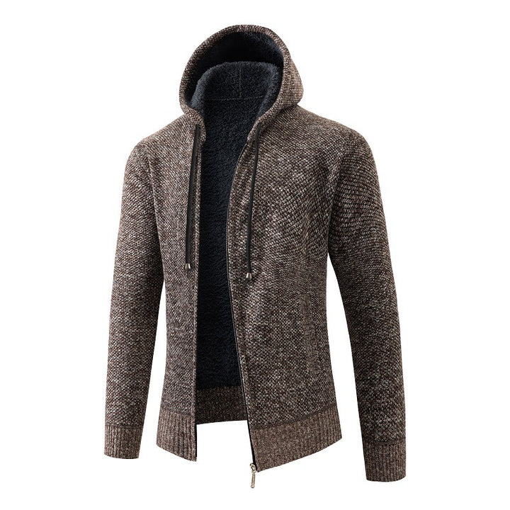 Herren nan melierte Strickzip-Kapuzenjacke mit wärmendem Teddyfutter, verdecktem Zwei-Wege-Reißverschluss und elastischen Bündchen Drune