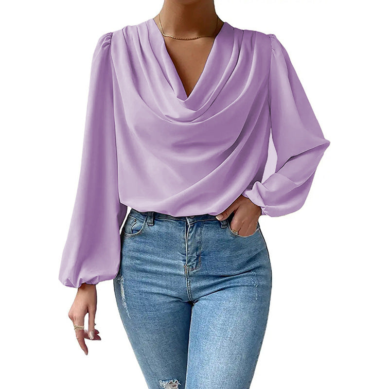 Damen Elegantes Langarm-Blusenoberteil mit Drapierung und weitem Schnitt Drune