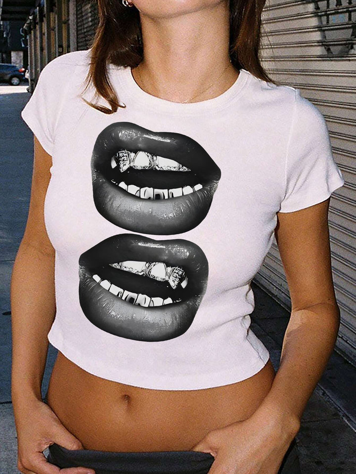 Damen Crop-T-Shirt mit kreativem Telefon-Design Drune