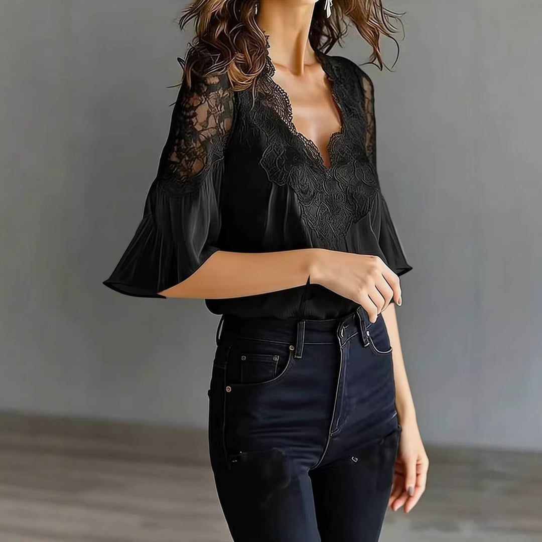 Damen elegante Bluse mit Spitzeneinsatz und Volantärmeln Drune