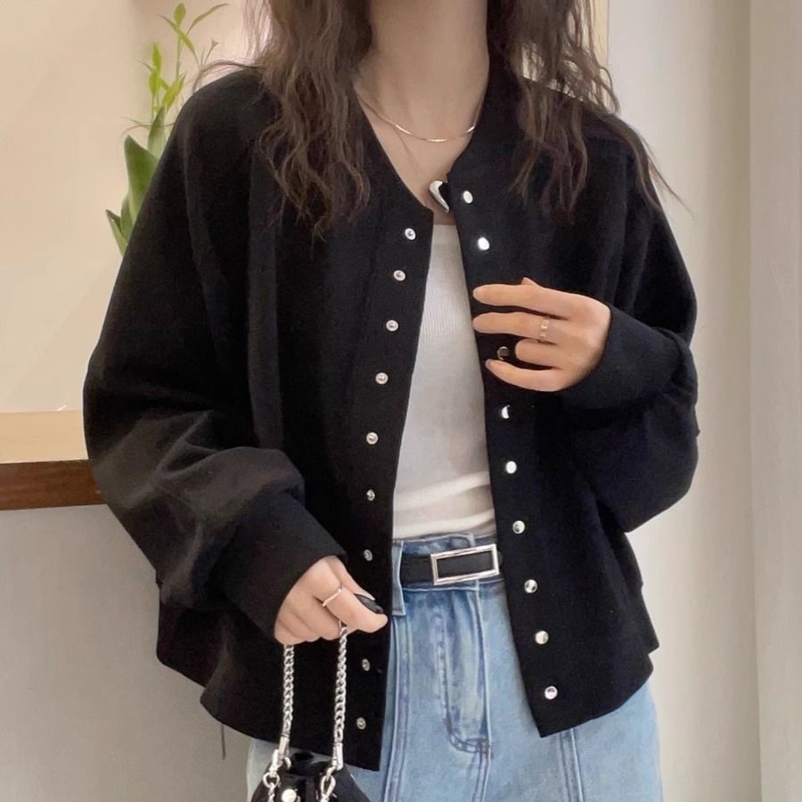Damen Sportliche Collegejacke mit glänzenden Druckknöpfen Drune