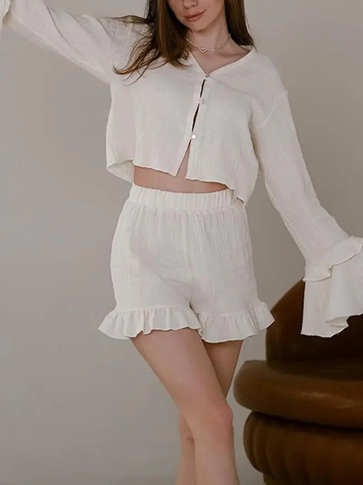 Damen Set aus luftiger Bluse und Shorts mit Volants Drune
