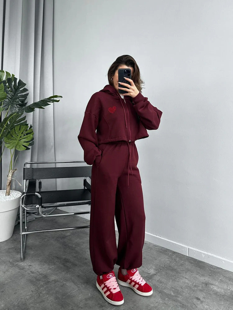 Damen Sportliches Crop-Set mit Kapuze und elastischer Taille Drune