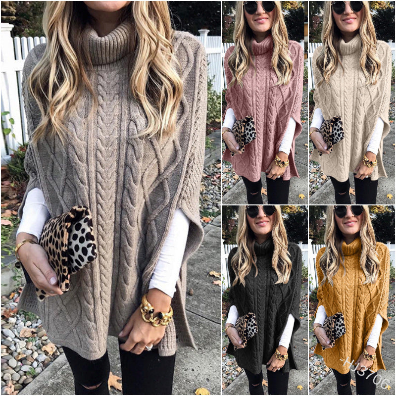 Damen Strickponcho mit hohem Kragen Drune