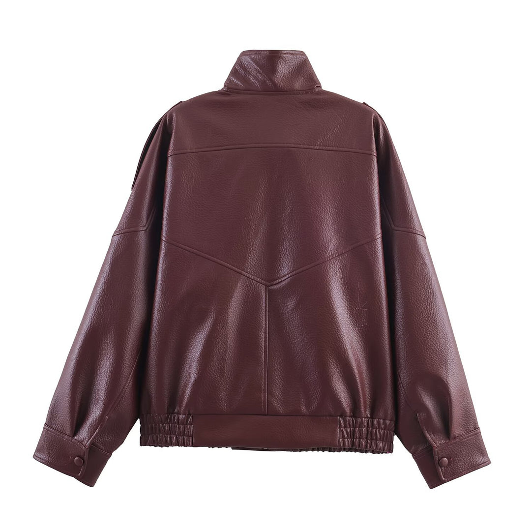 Damen Kunstlederjacke im modernen Design mit hochgeschlossenem Kragen und praktischen Taschen Drune