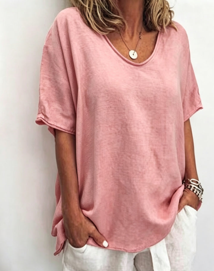 Damen nan weit geschnittenes Leinenmix-Relaxshirt mit Rundhalsausschnitt, überschnittenen Ärmeln und seitlichen Schlitzen Drune