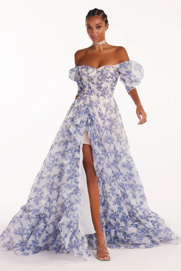 Damen Festliches Maxikleid mit schulterfreiem Design und floralen Rüschendetails Drune