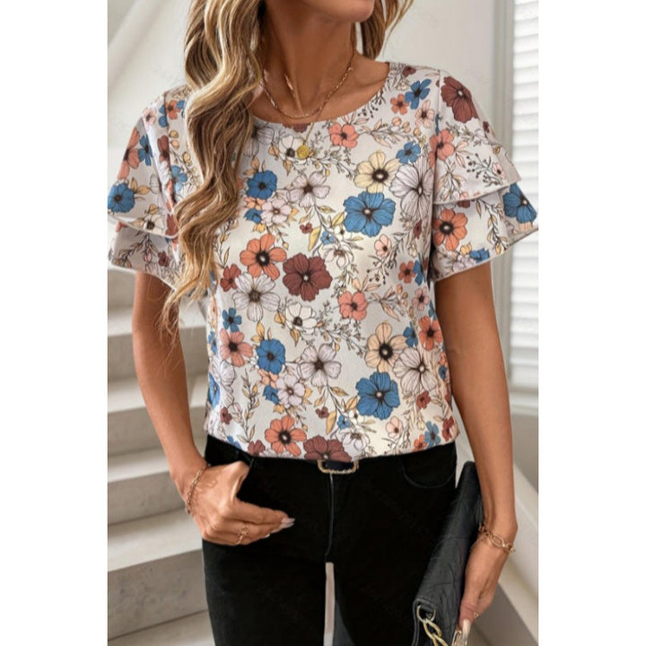 Damen Kurzarm-Bluse mit Volant und floralem Muster Drune