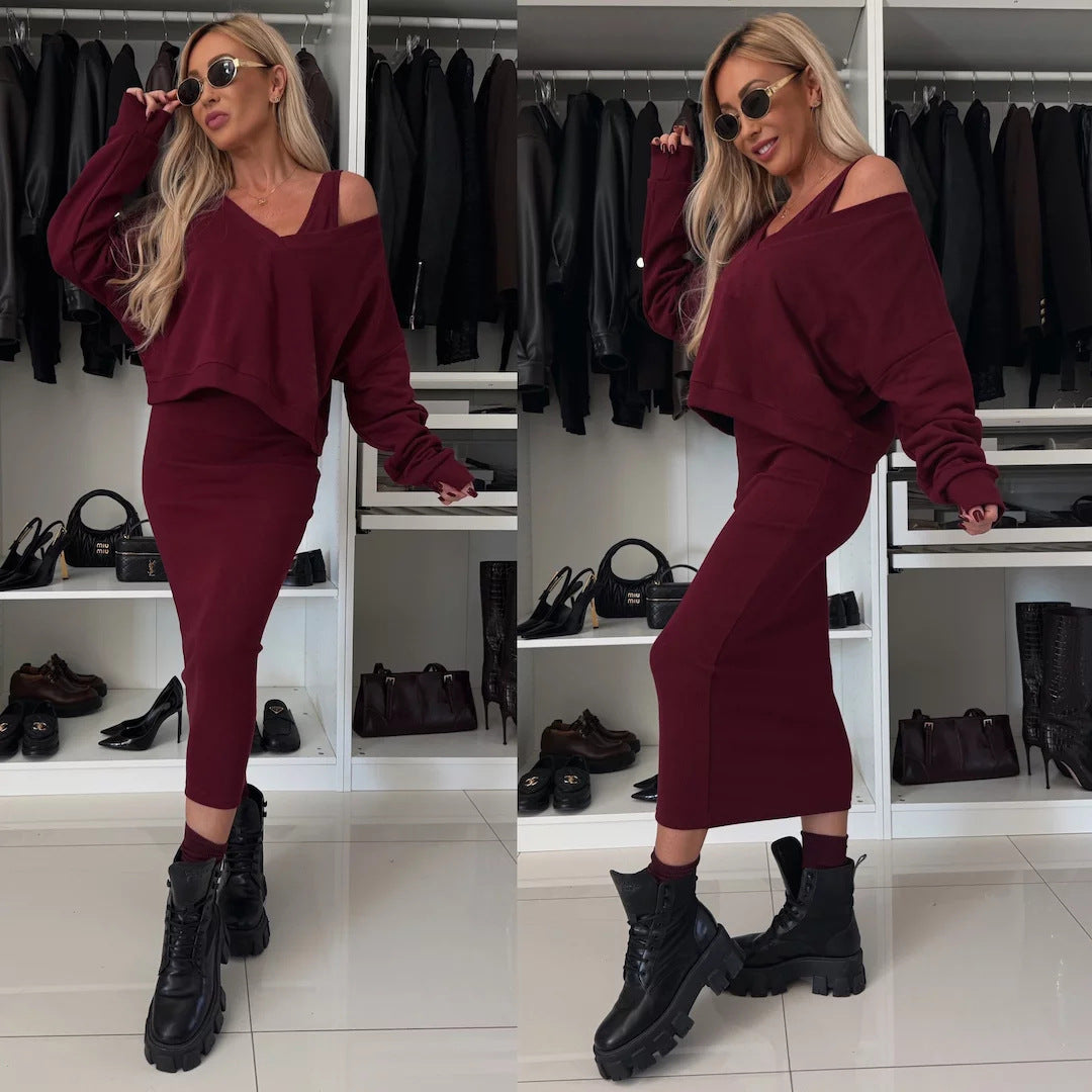 Damen nan zweiteiliges Midirock-Set mit off-shoulder Oversize-Sweatshirt und figurbetontem Bleistiftrock Drune