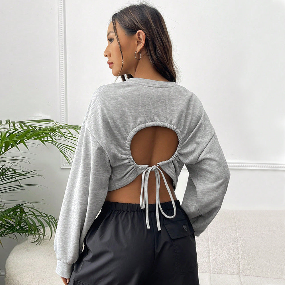 Damen lässiges Crop-Sweatshirt mit weiten Ärmeln und Rundhalsausschnitt Drune