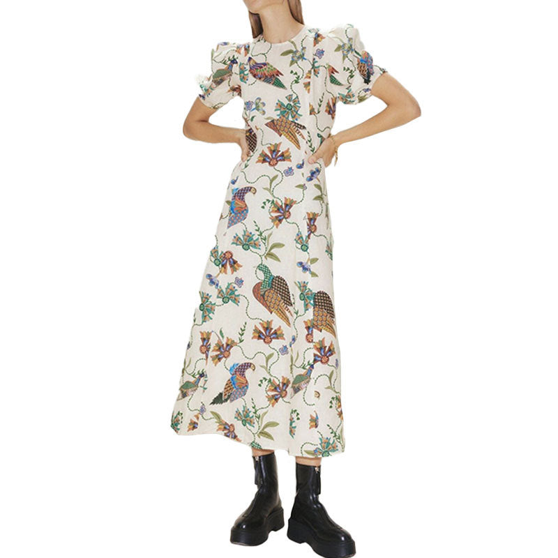 Damen Maxikleid mit kunstvollem Blumenmuster und voluminösen Ärmeln Drune
