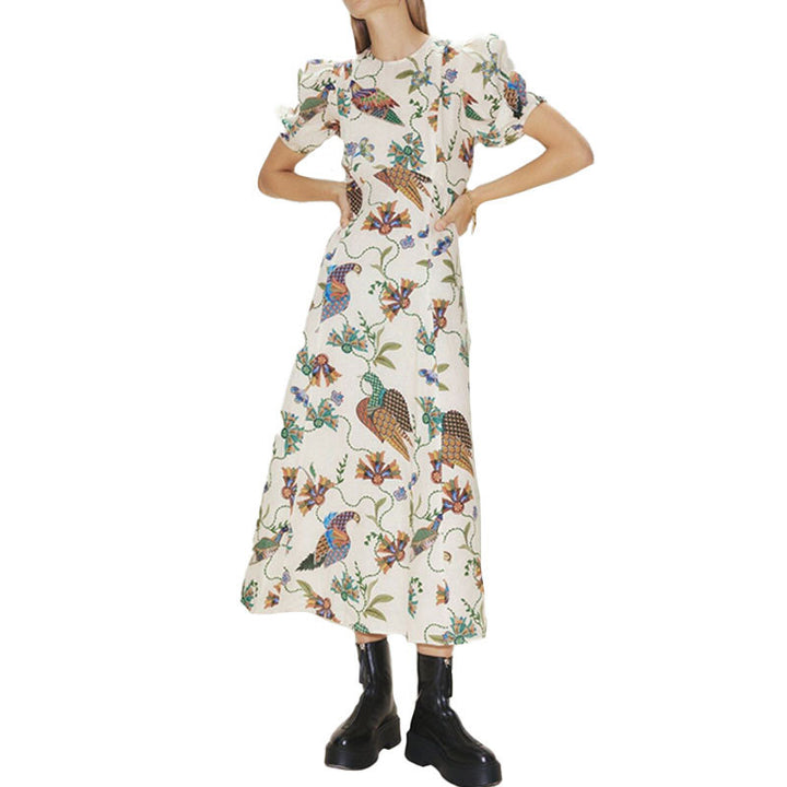 Damen Maxikleid mit kunstvollem Blumenmuster und voluminösen Ärmeln Drune