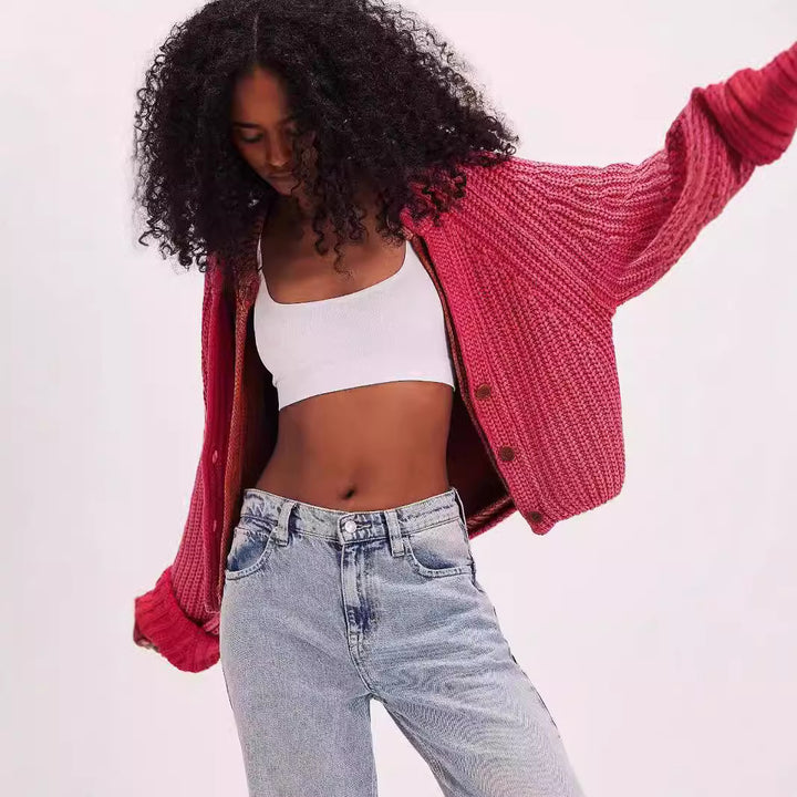 Damen lässige Strickjacke mit dekorativem Knopfverschluss und voluminösen Ärmeln Drune