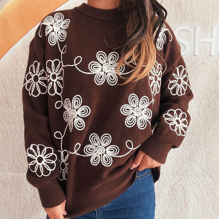Damen kuscheliger Strickpullover mit floralen Applikationen und Rundhalsausschnitt Drune