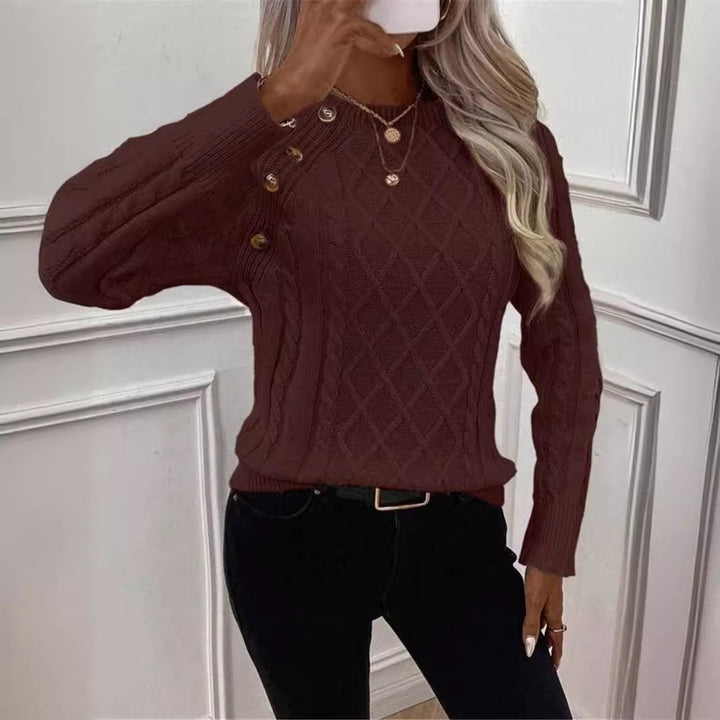 Damen Strickpullover mit strukturiertem Rautenmuster und dekorativen Knöpfen Drune