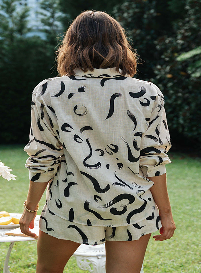 Damen luftiges Pyjama-Set mit kreativem Muster und elastischem Bund Drune