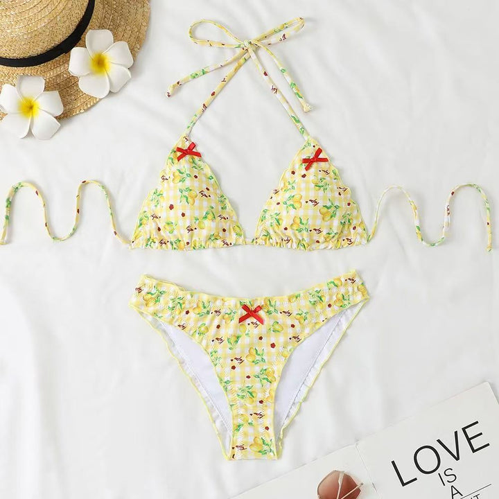 Damen Bikini-Set mit verspieltem Zitronenmuster und Rüschendetails Drune
