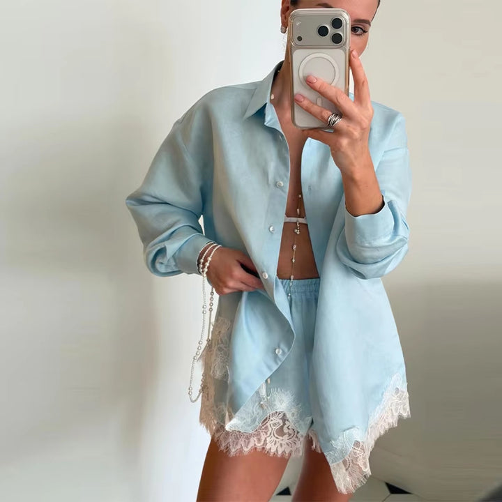 Damen nan zweiteiliges Satin-Pyjama-Set mit Hemdbluse, Gummibund-Shorts und Spitzenbesatz Drune