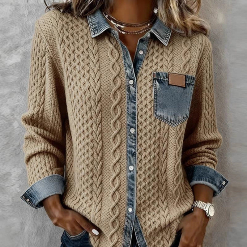Damen nan geflochtener Strickpullover mit integriertem Jeanskragen und Brusttasche Drune